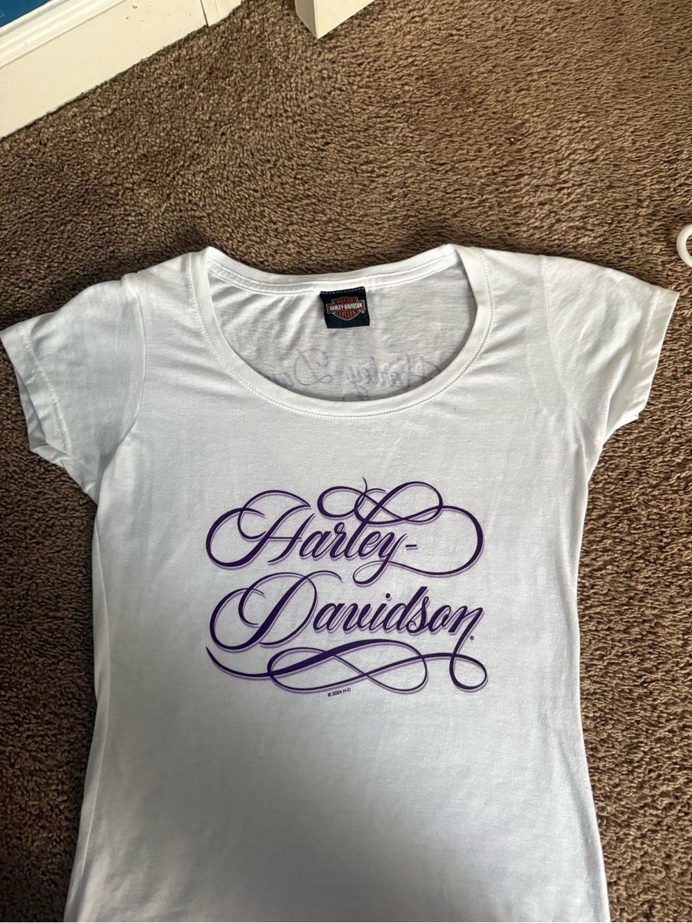 Harley-Davidson White Tee with Faded Purple Script